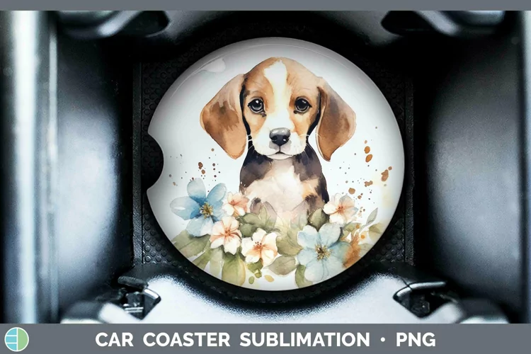 Cartoon Watercolor Beagle Car Coaster | Sublimation Coaster
