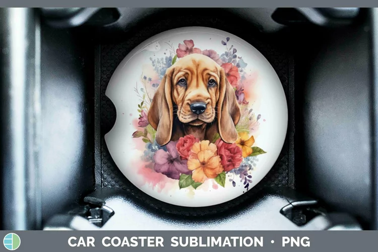 Cartoon Watercolor Bloodhound Car Coaster | Sublimation Coas