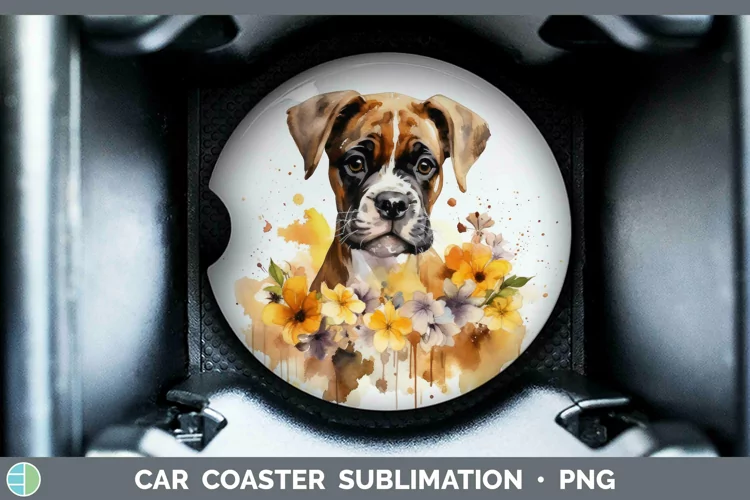 Cartoon Watercolor Boxer Car Coaster | Sublimation Coaster D