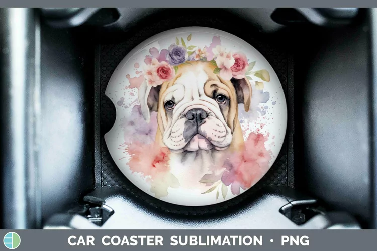 Cartoon Watercolor Bulldog Car Coaster | Sublimation Coaster