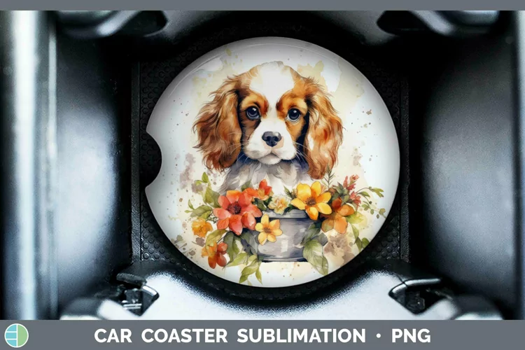 Cartoon Watercolor Cavalier King Charles Spaniel Car Coaster