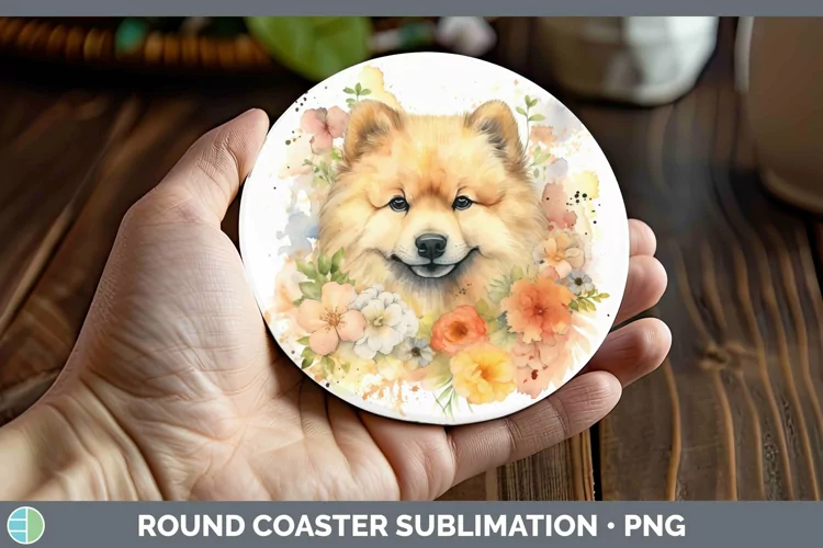 Cartoon Watercolor Chow Chow Round Coaster | Sublimation Coa