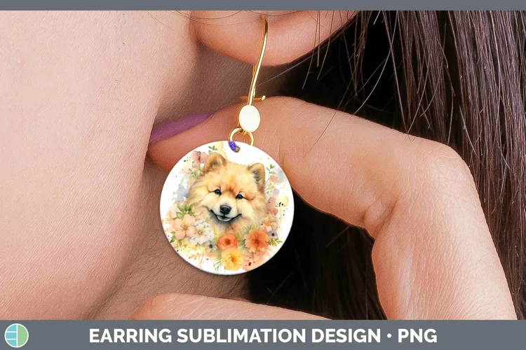 Cartoon Watercolor Chow Chow Round Earrings | Sublimation Ea