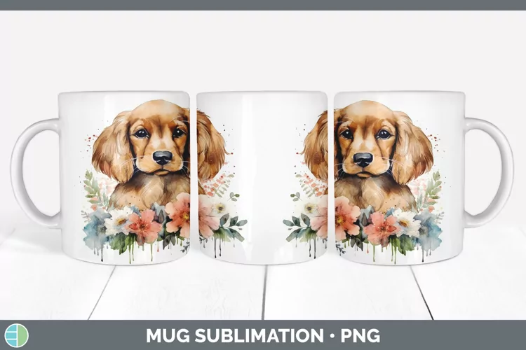 Cartoon Watercolor Cocker Spaniel Mug Wrap | Sublimation Cof
