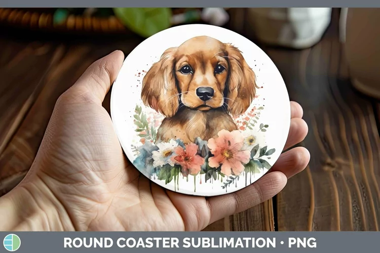 Cartoon Watercolor Cocker Spaniel Round Coaster | Sublimatio