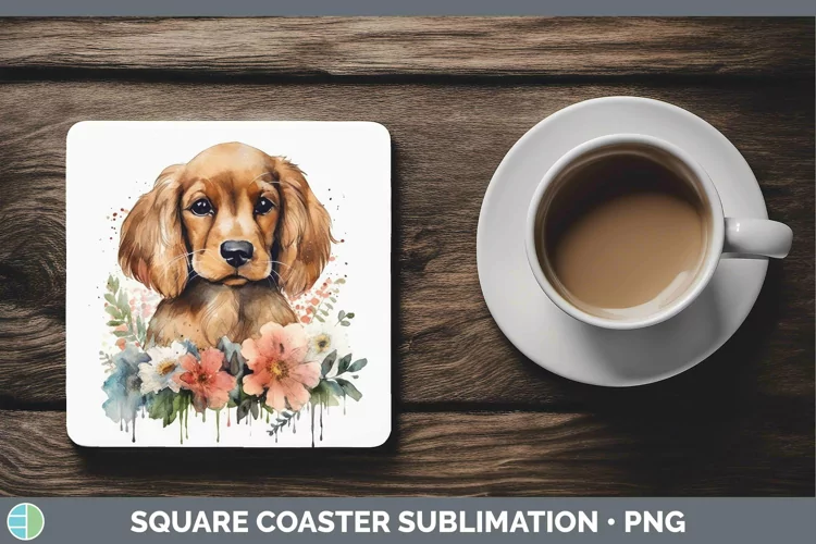 Cartoon Watercolor Cocker Spaniel Square Coaster | Sublimati
