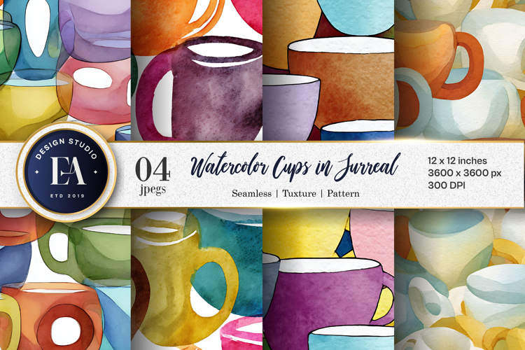 Watercolor Cups in Surreal Loops Seamless Digital Paper