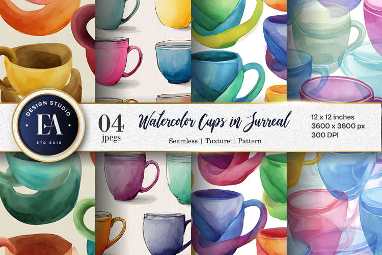 Watercolor Cups in Surreal Loops Seamless Digital Paper