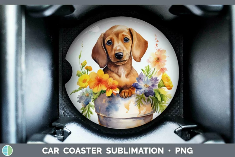 Cartoon Watercolor Dachshund Car Coaster | Sublimation Coast