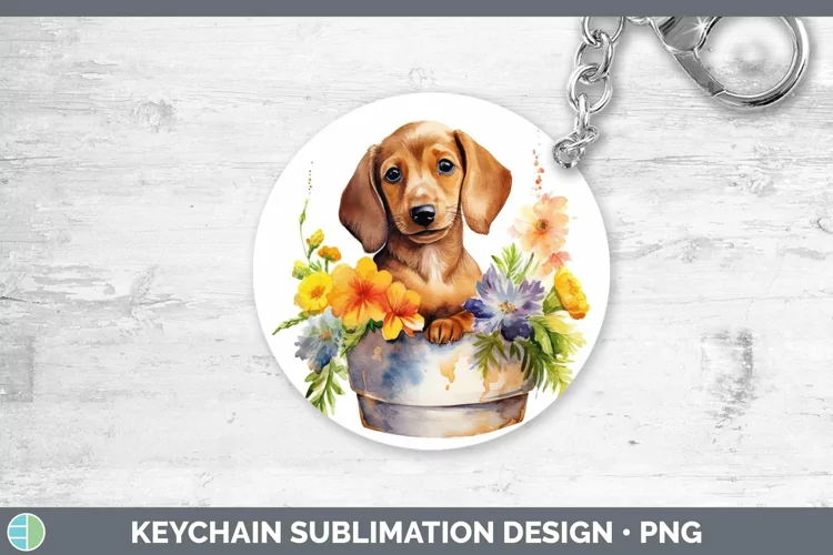 Cartoon Watercolor Dachshund Keychain | Sublimation Keyring