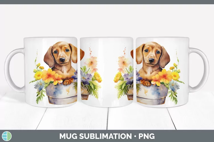 Cartoon Watercolor Dachshund Mug Wrap | Sublimation Coffee C