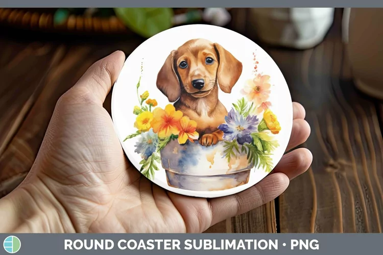 Cartoon Watercolor Dachshund Round Coaster | Sublimation Coa