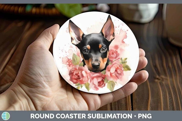 Cartoon Watercolor Doberman Pinscher Round Coaster | Sublima