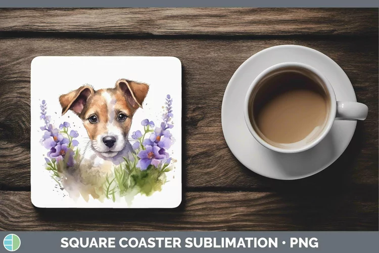 Cartoon Watercolor Fox Terrier Dog Square Coaster | Sublimat