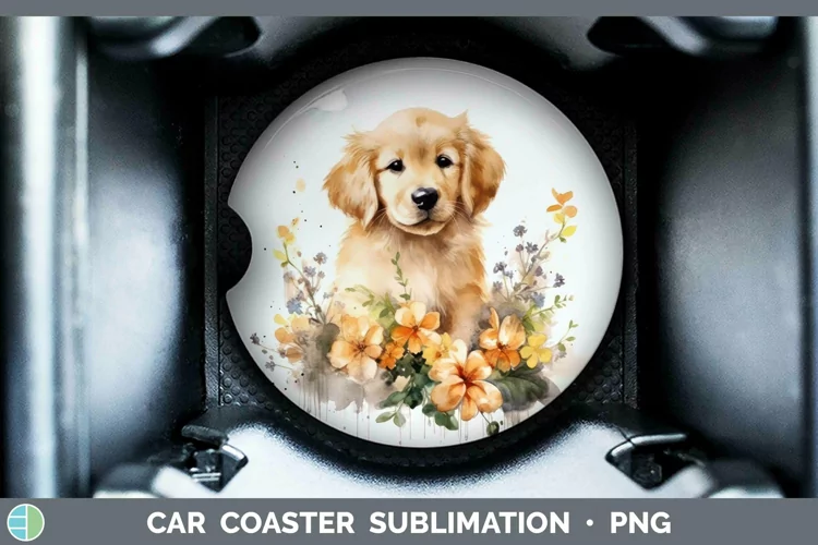 Cartoon Watercolor Golden Retriever Car Coaster | Sublimatio