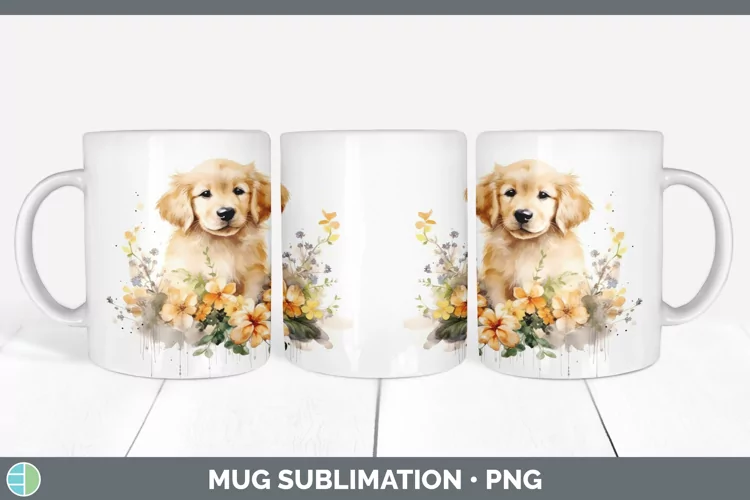 Cartoon Watercolor Golden Retriever Mug Wrap | Sublimation C