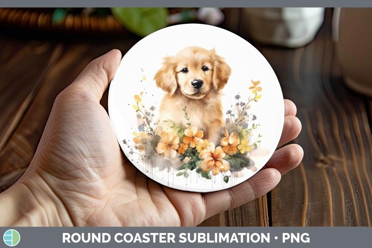Cartoon Watercolor Golden Retriever Round Coaster | Sublimat