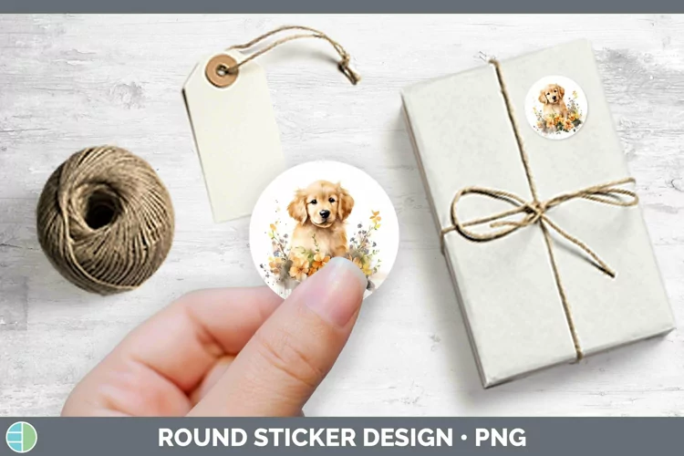 Cartoon Watercolor Golden Retriever Stickers | Round Labels