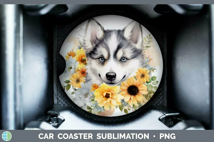 Cartoon Watercolor Husky Car Coaster | Sublimation Coaster D