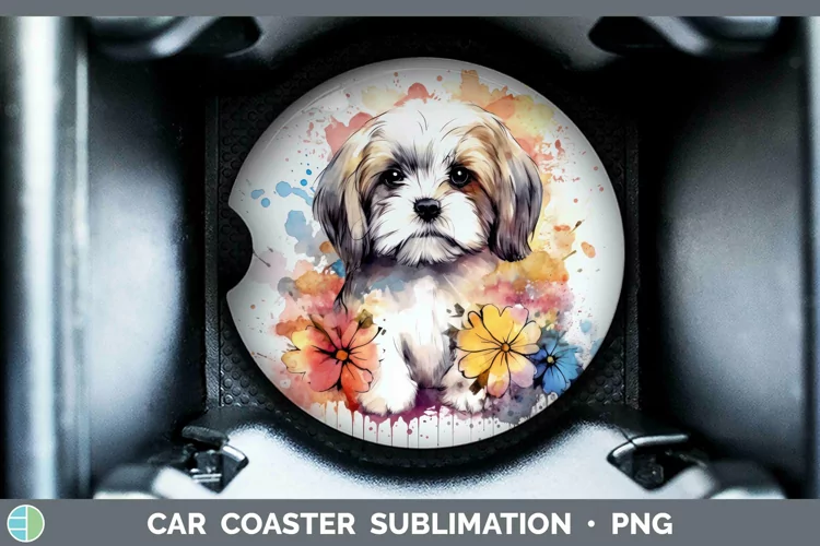 Cartoon Watercolor Lhasa Apso Car Coaster | Sublimation Coas