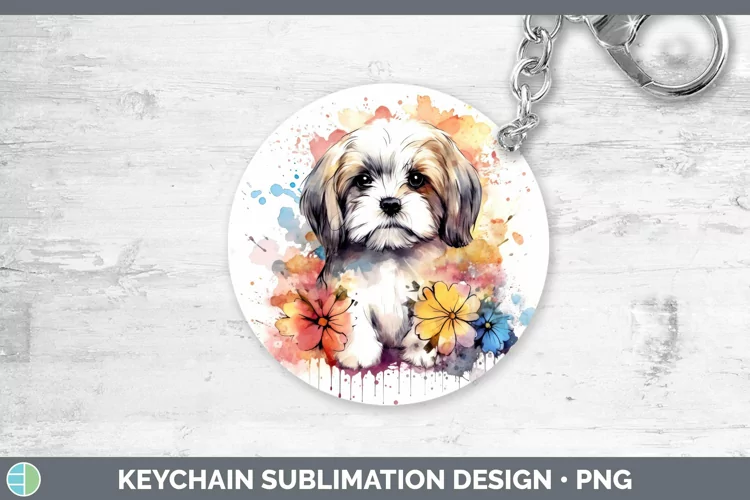 Cartoon Watercolor Lhasa Apso Keychain | Sublimation Keyring