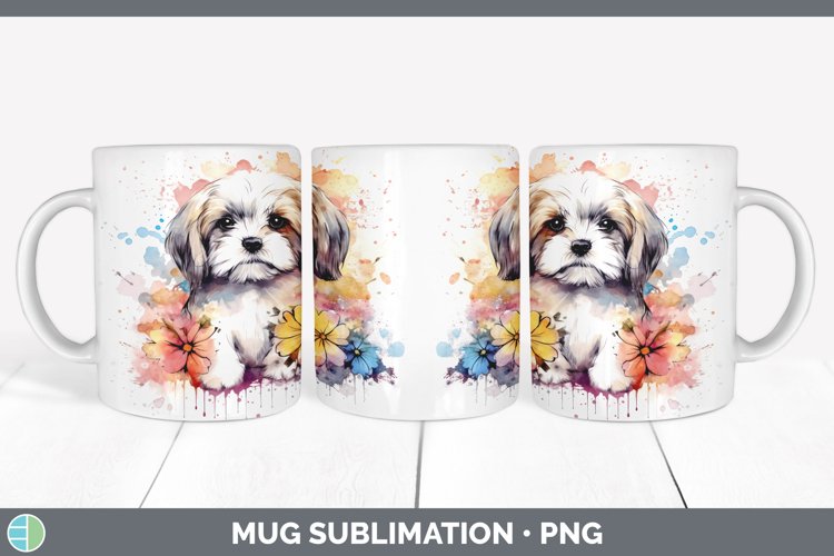 Cartoon Watercolor Lhasa Apso Mug Wrap | Sublimation Coffee