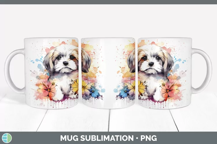 Cartoon Watercolor Lhasa Apso Mug Wrap | Sublimation Coffee