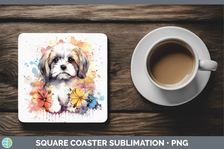 Cartoon Watercolor Lhasa Apso Square Coaster | Sublimation C