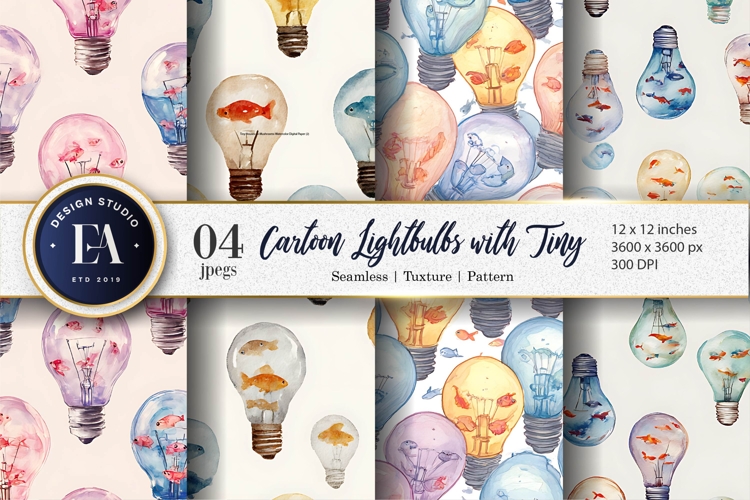 Cartoon Watercolor Lightbulbs with Tiny Fish Digital Paper