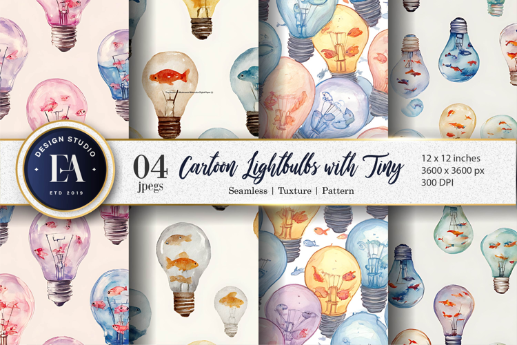 Cartoon Watercolor Lightbulbs with Tiny Fish Digital Paper