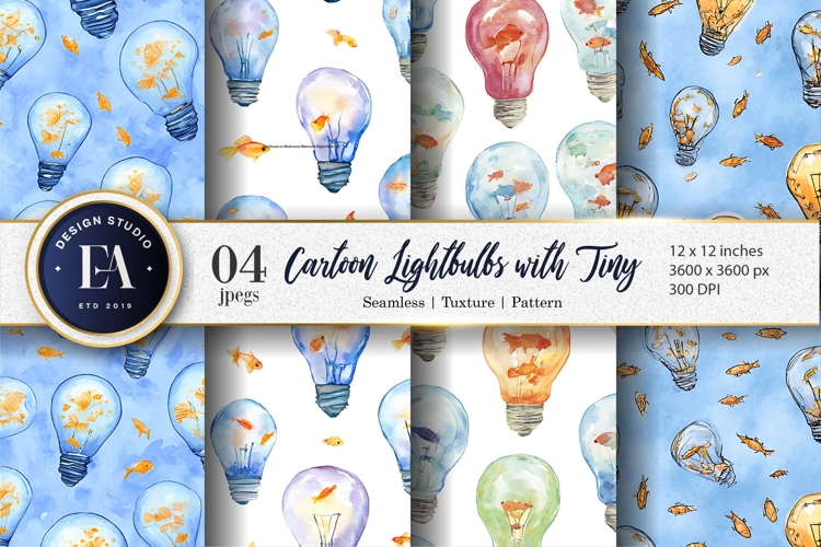 Cartoon Watercolor Lightbulbs with Tiny Fish Digital Paper