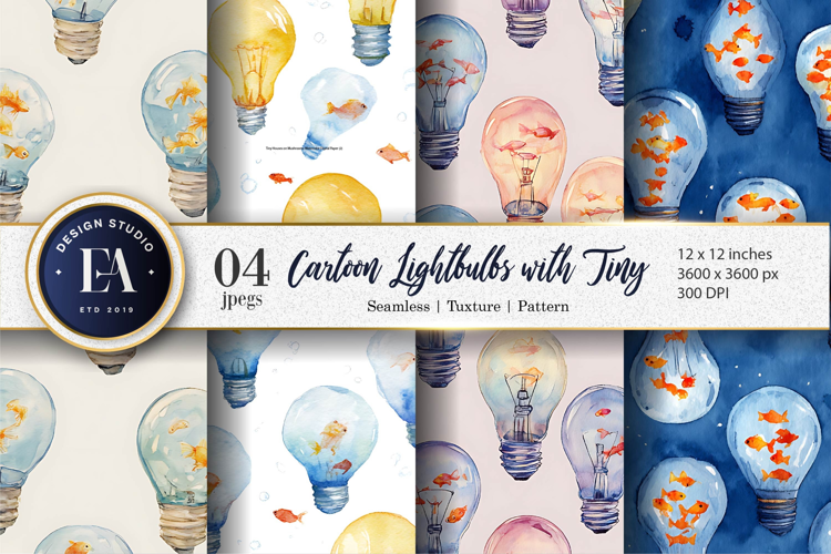 Fish in Lightbulbs Watercolor Seamless Digital Paper