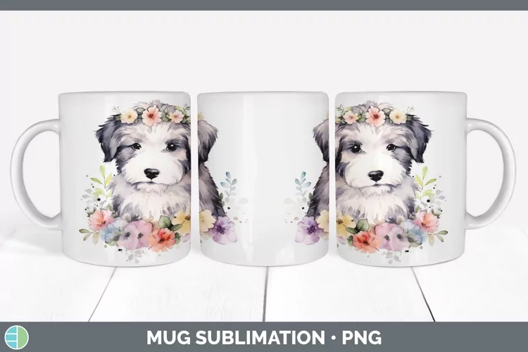 Cartoon Watercolor Old English Sheepdog Mug Wrap | Sublimati