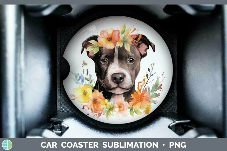 Cartoon Watercolor Pit Bull Car Coaster | Sublimation Coaste