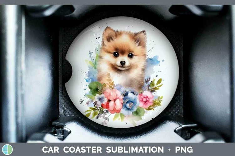 Cartoon Watercolor Pomeranian Car Coaster | Sublimation Coas