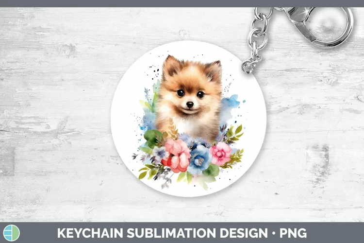 Cartoon Watercolor Pomeranian Keychain | Sublimation Keyring