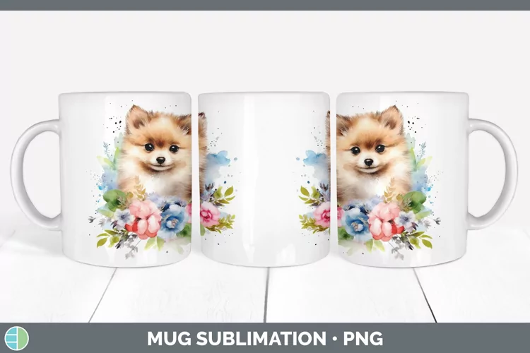 Cartoon Watercolor Pomeranian Mug Wrap | Sublimation Coffee