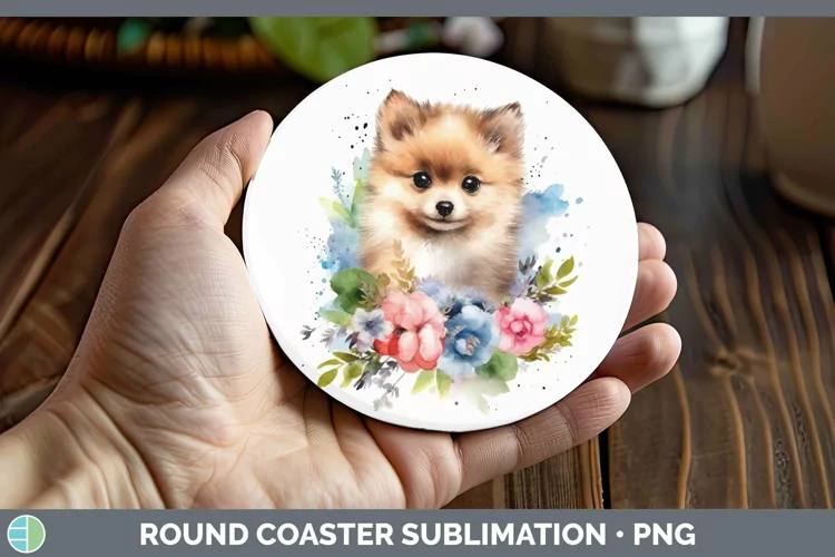 Cartoon Watercolor Pomeranian Round Coaster | Sublimation Co