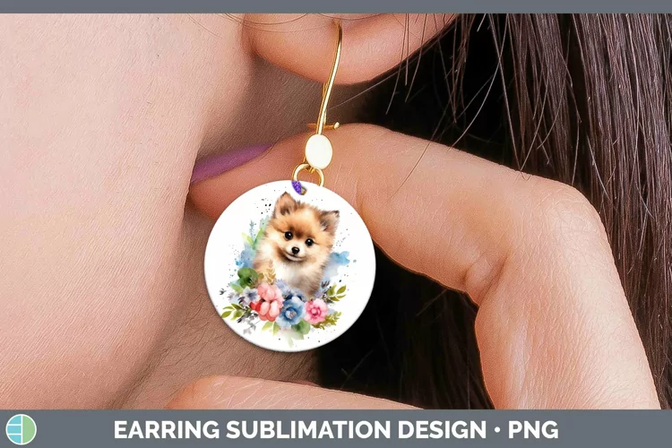 Cartoon Watercolor Pomeranian Round Earrings | Sublimation E