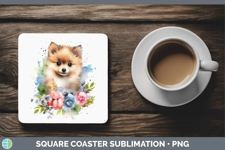 Cartoon Watercolor Pomeranian Square Coaster | Sublimation C