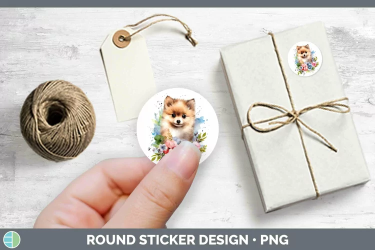 Cartoon Watercolor Pomeranian Stickers | Round Labels Design
