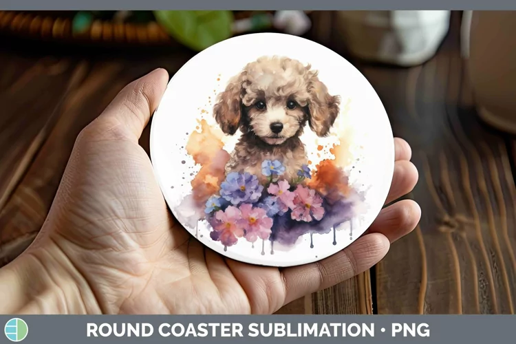 Cartoon Watercolor Poodle Round Coaster | Sublimation Coaste