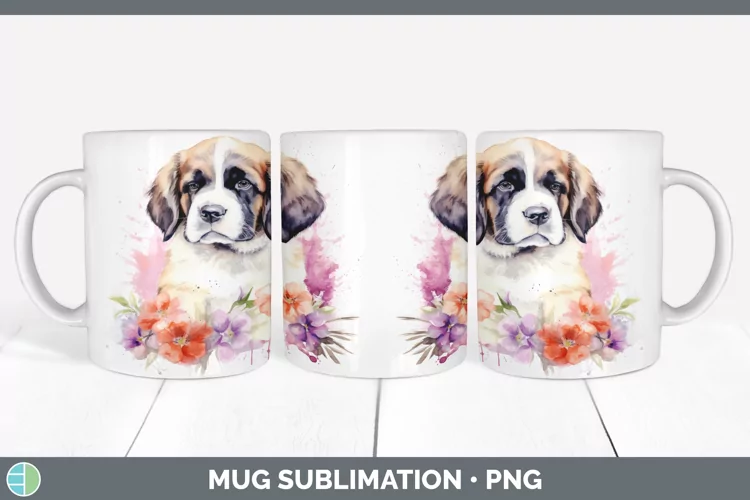 Cartoon Watercolor Saint Bernard Mug Wrap | Sublimation Coff