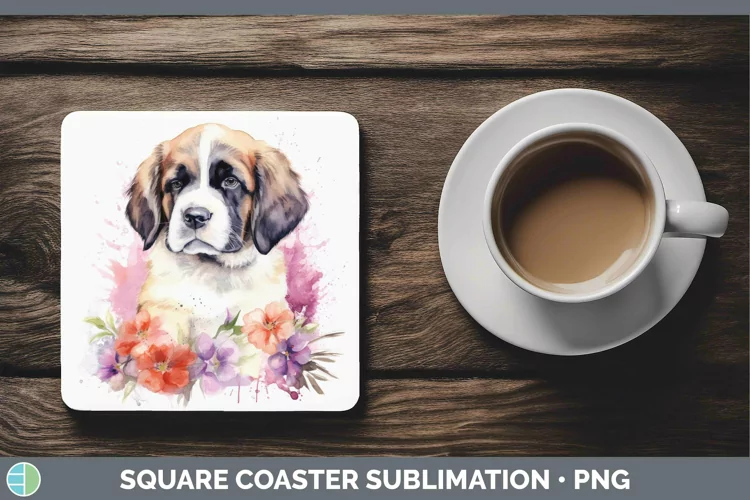 Cartoon Watercolor Saint Bernard Square Coaster | Sublimatio