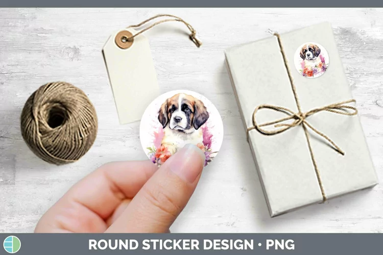 Cartoon Watercolor Saint Bernard Stickers | Round Labels Des