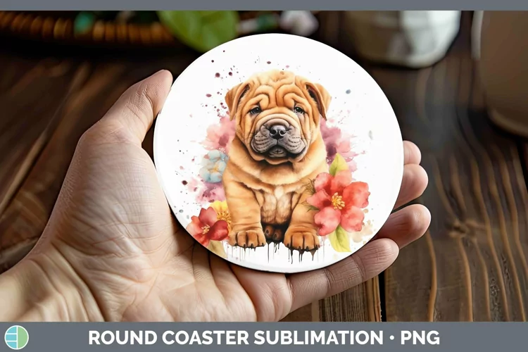 Cartoon Watercolor Shar Pei Round Coaster | Sublimation Coas