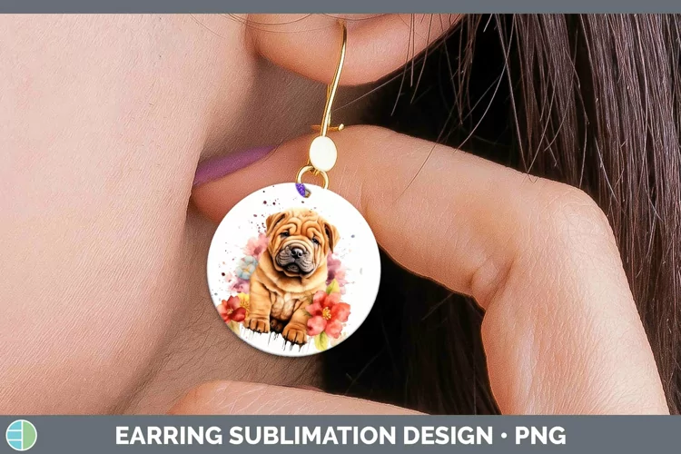 Cartoon Watercolor Shar Pei Round Earrings | Sublimation Ear