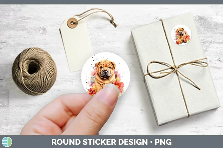 Cartoon Watercolor Shar Pei Stickers | Round Labels Designs