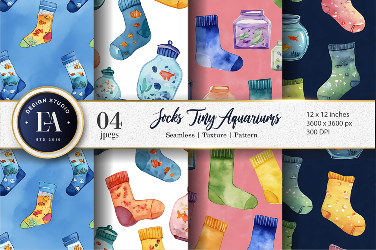 Seamless Cartoon Watercolor Aquarium Socks Art Digital Paper