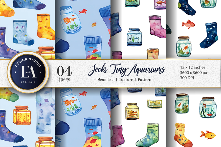 Cartoon Aquarium Socks Seamless Watercolor Art Digital Paper